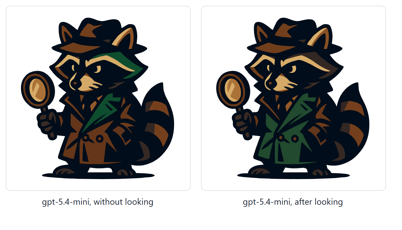 gpt-5.4-mini asked to make the coat dark green: without looking, part of the coat and the brow turned green; after looking, the coat.