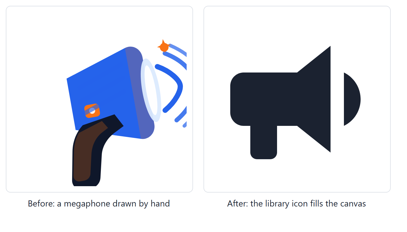 Asked to create a megaphone icon: before, a megaphone drawn by hand; after, a megaphone from the icon library filling the canvas.