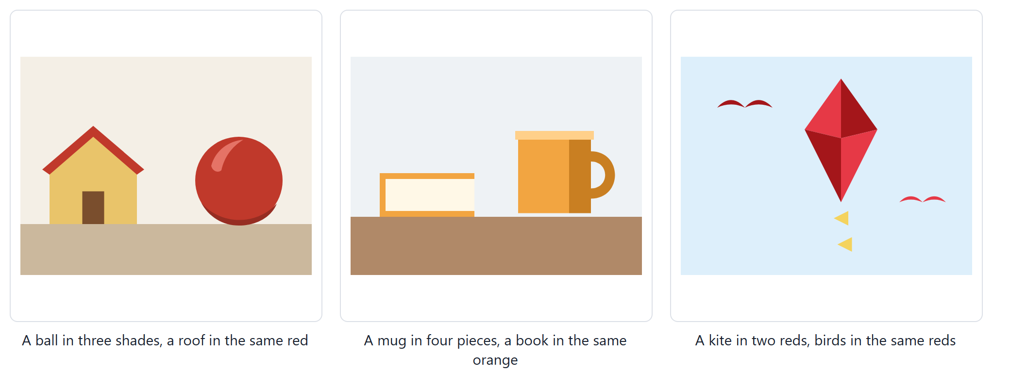 Three test drawings: a red ball with a highlight and a shadow, next to a house with a roof of the same red; an orange mug with a shaded side, a handle and a rim, next to a book of the same orange; a kite in two reds, next to birds in the same two reds.
