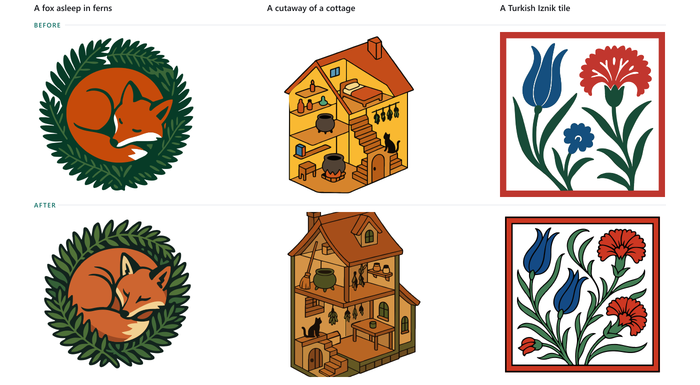 The same three prompts before and after the change: the fox gains fur tones and depth where it was one flat orange shape, the cottage gains wood and shingles where it was flat yellow, and the tile fills out into a proper repeating pattern.