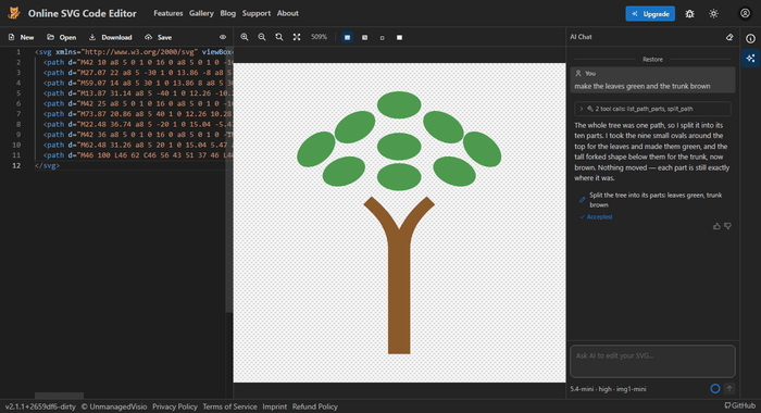 A traced tree that was one black shape, after asking for green leaves and a brown trunk: the assistant looked inside the path, split it into its parts, and says which parts it took for the leaves and which for the trunk.
