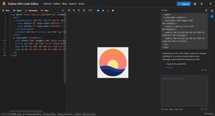 SVG code pasted into the chat opens in the editor at once: a sunset badge appears in the preview, with no request sent to the assistant.