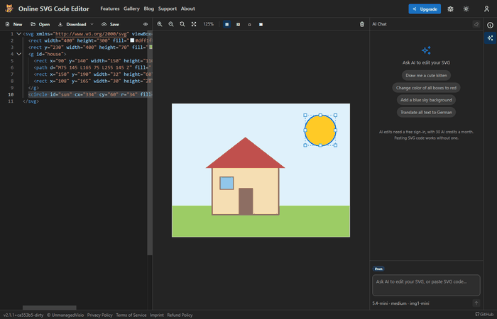 The sun dragged across the sky and enlarged from a corner handle: it is still selected in the preview, and its line in the code now reads cx="334" cy="60" r="34".